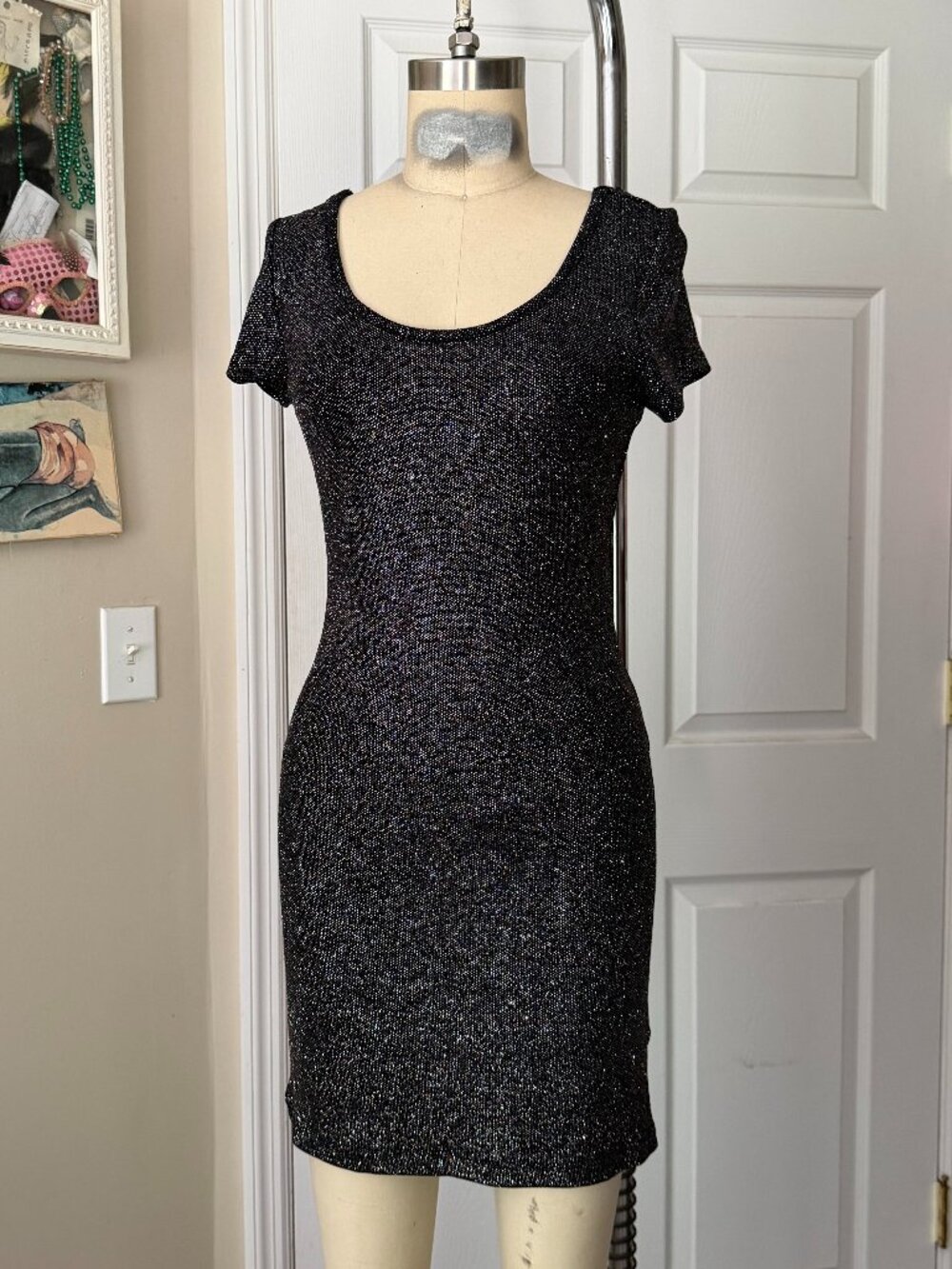 FOREVER 21 Black METALLIC Stretchy Rayon CLUB Wiggle Bandage Mini Dress *MEDIUM*
